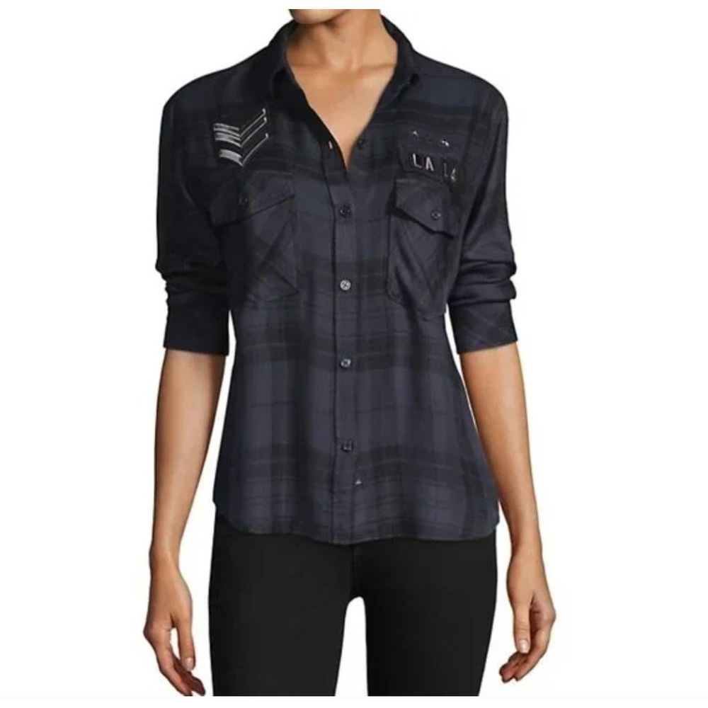 Rails Pepper Plaid Button Down Shirt‎ Womens Small Onyx Charcoal LA 14 Patches